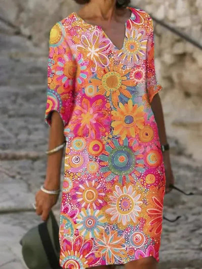 Fiorelle | Floral Print Dress with V-neck